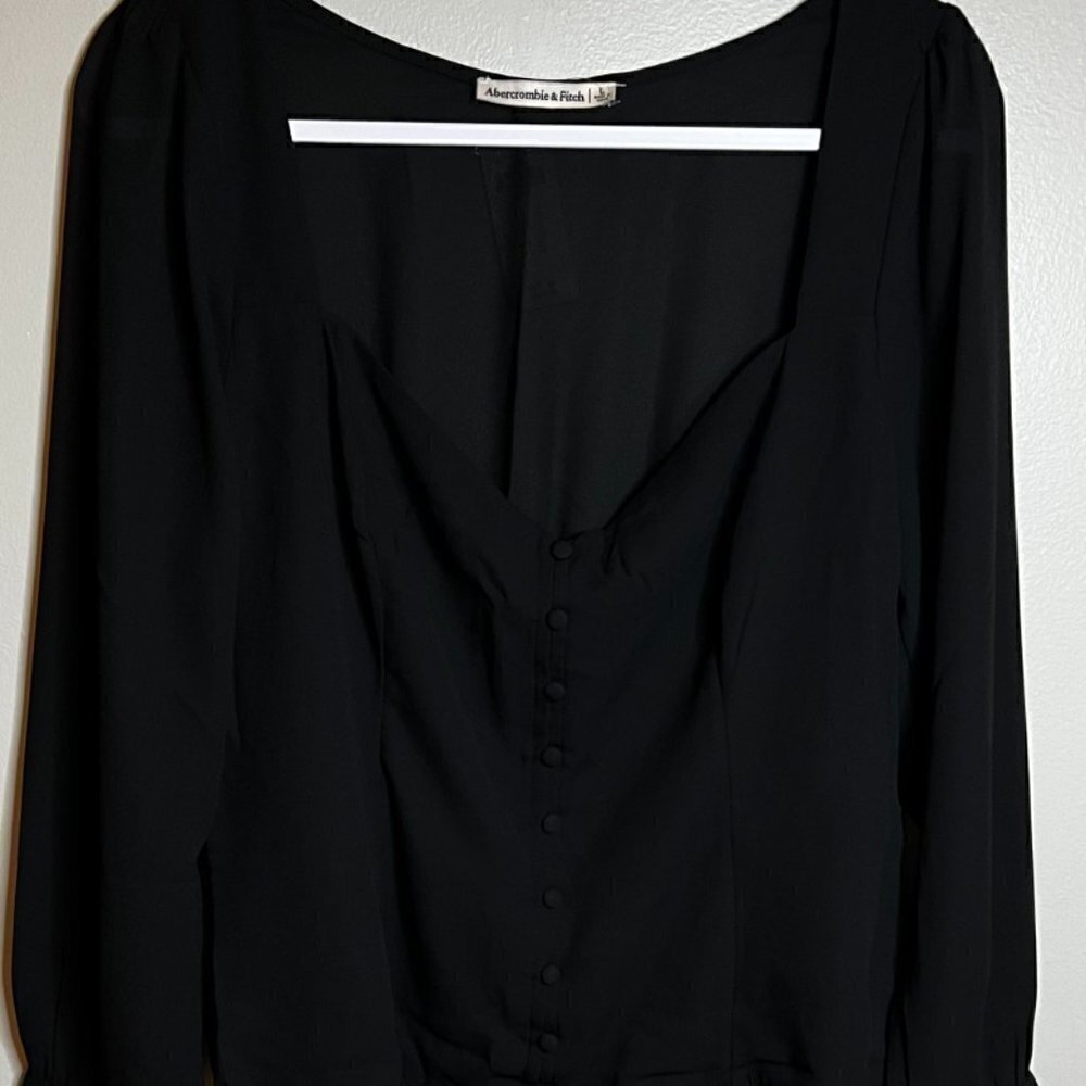 Abercrombie & Fitch Black Blouse 9 Button V Neck Front Size L - Picture 1 of 5